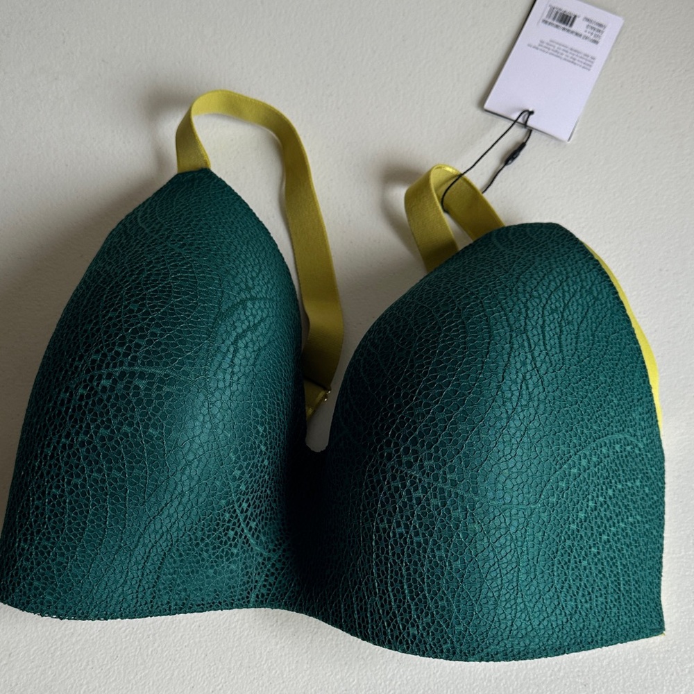 Knix Deep Green Textured Bra with Yellow Straps